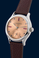 Laurent Ferrier – Pièce unique en acier, cadran saumon serti de saphirs et de rubis